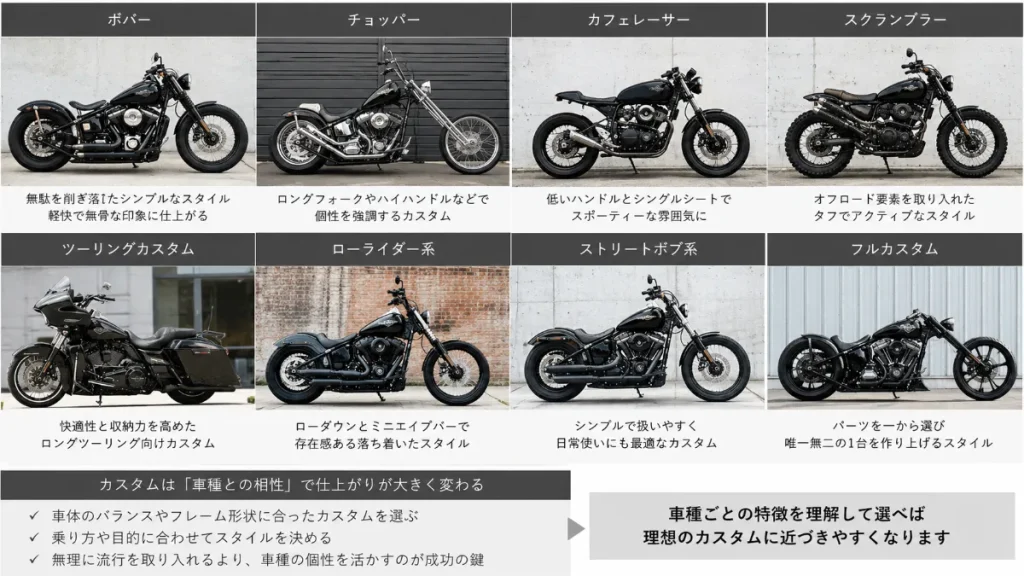 ハーレー 流行りのカスタムは車種別に選ぶと失敗しにくい